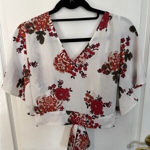 Express Floral V-Neck Blouse in Red and White
